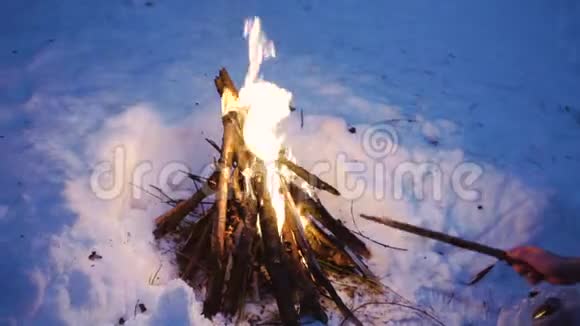 森林里烧烤用的冬季篝火在篝火旁粘在手里大自然上有着飞舞的火花快关门视频的预览图