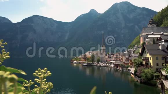 夏天美丽的奥地利小镇霍尔斯塔特在湖边的山上视频的预览图