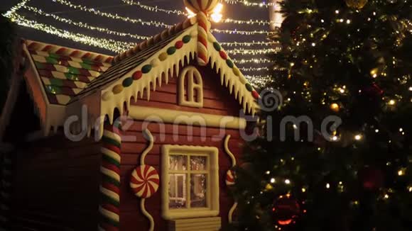 姜饼屋站在圣诞树附近的街道上视频的预览图