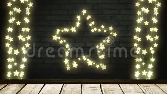 在砖墙背景上闪烁的星星和一串串的仙女灯视频的预览图