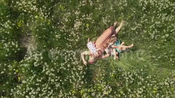 空中年轻的金发嬉皮士妈妈在公园蒲公英球场和她的小女孩躺在一起视频的预览图