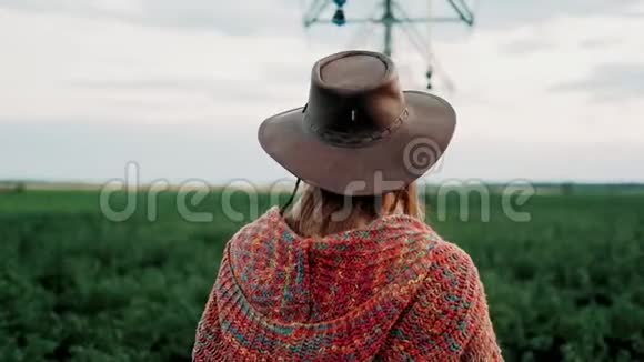 穿着老式连衣裙的年轻农民女孩走过田野农产品种植有机产品概念农业视频的预览图