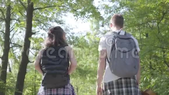 男人和年轻女朋友在森林里散步的肖像一对旅行者带着背包在户外休闲夫妇视频的预览图