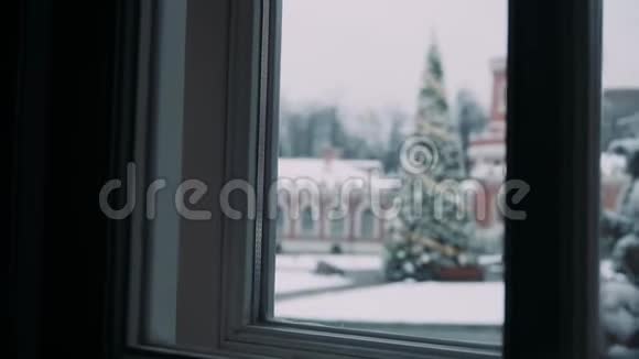 一棵活泼装饰的圣诞树的窗景视频的预览图