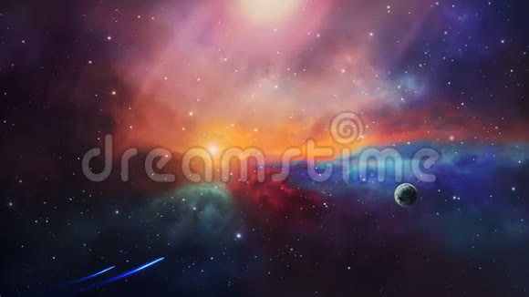 太空场景两艘小宇宙飞船在五颜六色的星云中与行星一起飞行美国宇航局提供的元素3D绘制视频的预览图