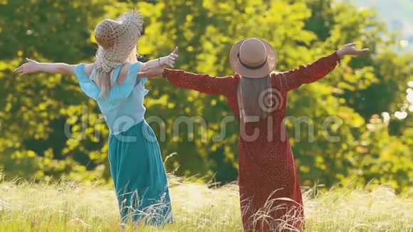 两个女人在夏天的田野里挥手视频的预览图