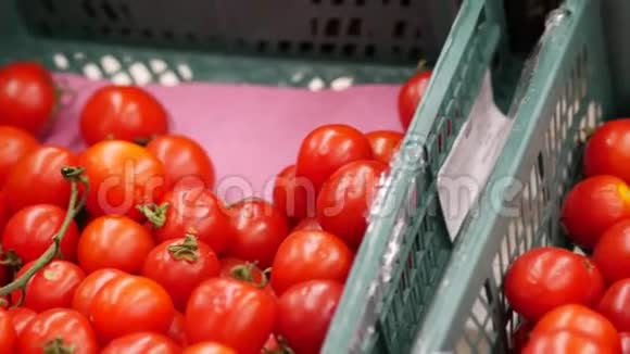 新鲜的西红柿在超市蔬菜区的塑料板条箱里视频的预览图