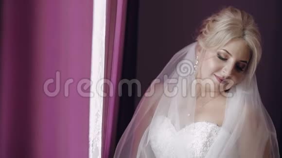 漂亮可爱的新娘在窗户附近的山谷里漂亮又整洁的女人近距离射击婚礼早视频的预览图