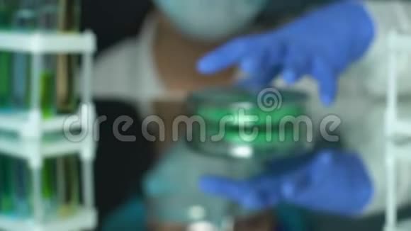 生物化学家通过放大镜观察培养皿中的绿色粉末样品视频的预览图