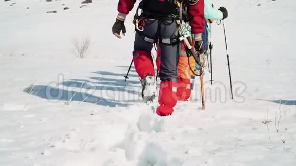 在雪地上一群登山者在路线上航行留下痕迹视频的预览图