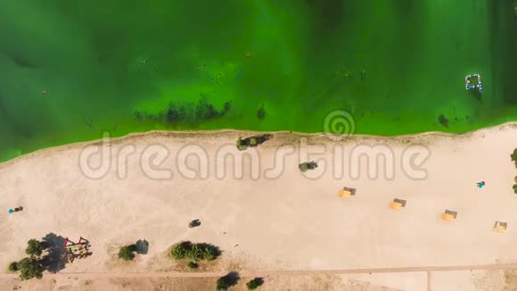 空滩的高空半沙半绿水被藻类污染视频的预览图