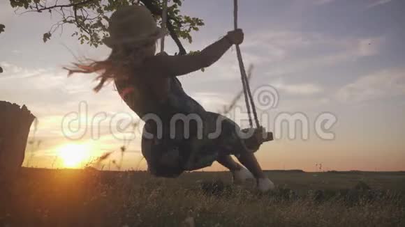 快乐的小女孩在金色的夏日夕阳下摇摆一个年轻的少女在孤树上摇摆的剪影视频的预览图