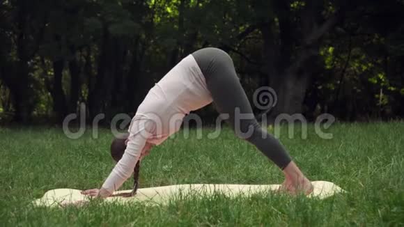 孕妇在公园里的垫子上练习瑜伽做着体式狗鼻子视频的预览图