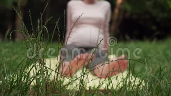 孕妇在公园里用地毯做瑜伽双腿伸直做脚的热身视频的预览图