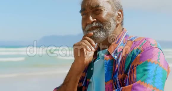 正面观看活跃的非裔美国老人手托下巴手背在海滩4k视频的预览图