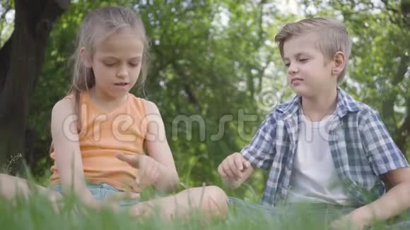 描绘了两个有趣的孩子坐在公园的草地上玩耍那个男孩在玩虫子女孩想拿走它A视频的预览图