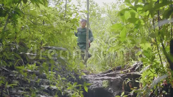夏天徒步旅行时游客在肮脏的森林小径上散步徒步旅行者在夏季森林徒步旅行步行视频的预览图