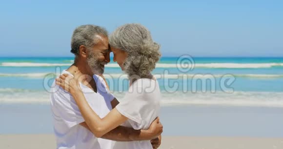 在海滩上相互拥抱的快乐活跃的非裔美国人夫妇的侧面景色视频的预览图