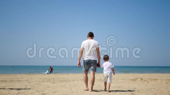 父子俩沿着海边沙滩朝大海走去视频的预览图