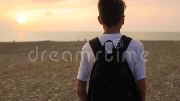 傍晚时分在海滩上散步的少年视频的预览图
