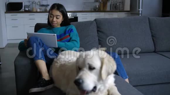 可爱的印度女人上网和宠物狗视频的预览图