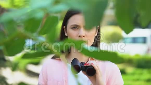 一位手持望远镜的女人躲在树后记者在寻找感觉视频的预览图