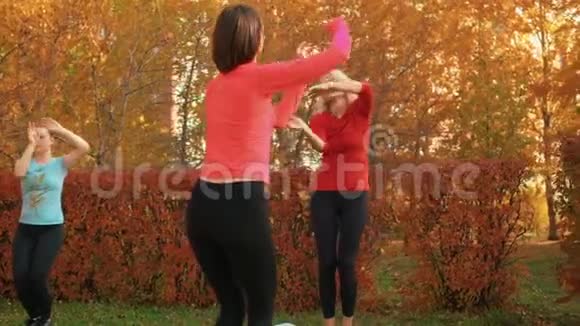 健身女性训练舞蹈锻炼户外体育教练训练女性团体户外锻炼瑜伽妇女视频的预览图