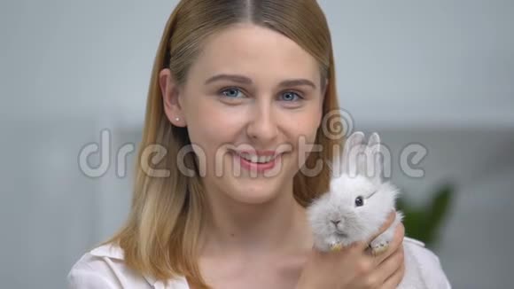 快乐的女孩抱着毛茸茸的兔子在相机上微笑宠物收养友谊视频的预览图