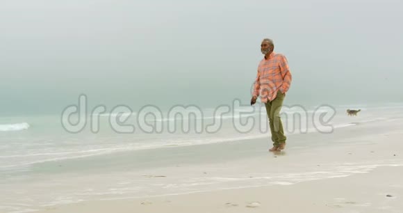 活跃的非裔美国人男子的侧景手拿口袋在海滩上散步4k视频的预览图