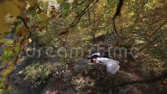 新郎和新娘躺在森林公园里新婚夫妇幸福的家庭视频的预览图