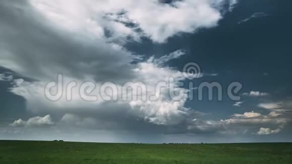 农村田园草原景观在夏季雨天地平线上有雨云的美丽天空视频的预览图