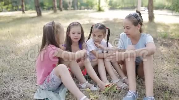 四个女朋友坐在公园的草地上玩耍聊天视频的预览图