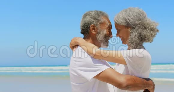 在海滩上相互拥抱的快乐活跃的非裔美国人夫妇的侧面景色视频的预览图