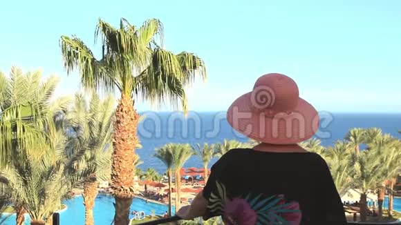一个阳光明媚的夏日戴着帽子的年轻美女从阳台望向蔚蓝的大海和棕榈树视频的预览图
