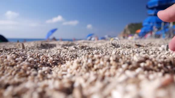 度假时放松的游客在海滩玩手沙视频的预览图