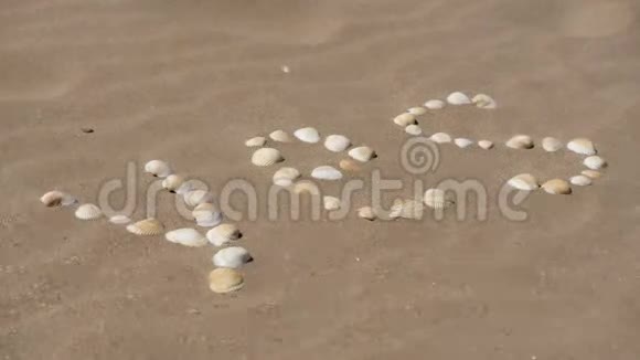 沙上的铭文从贝壳中这个词被阐明了被风吹走的沙子美丽的图画视频的预览图