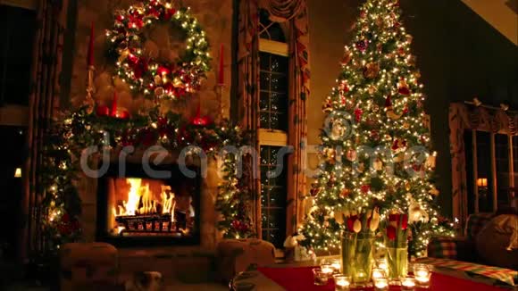 华丽舒适的家庭浪漫可爱的气氛节日的圣诞树除夕夜诺埃尔壁炉轻盈的内部视频的预览图