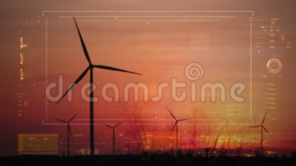 用HUD用户界面图条和技术e为发电生态和清洁电力用风力发电机的剪影风景视频的预览图