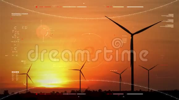 用HUD用户界面图条和技术e为发电生态和清洁电力用风力发电机的剪影风景视频的预览图