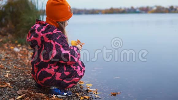 幼儿在水边玩秋叶视频的预览图