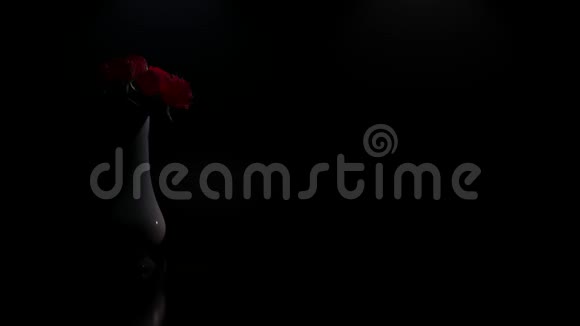 浪漫戏剧玫瑰花瓣从黑暗背景中的花瓶跌落视频的预览图
