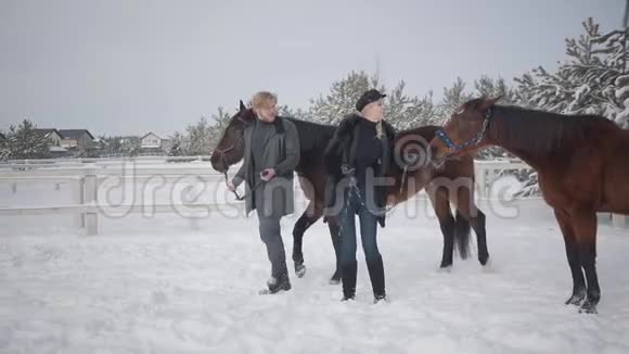 金发女人和高个子男人领着两匹棕色的马在雪冬牧场那个女孩得到了一匹倔强又顽皮的马A视频的预览图