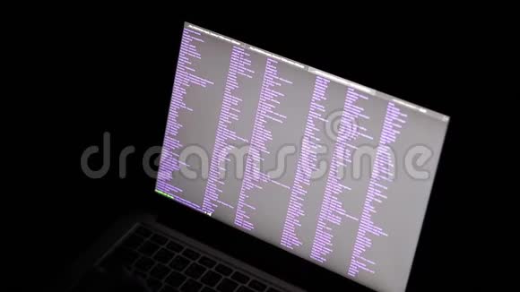 笔记本电脑屏幕上的代码字符在黑暗的房间里工作的自由职业者视频的预览图