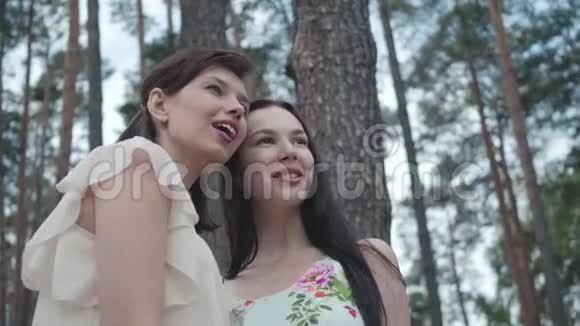 两位可爱的年轻女子站在松林的背景下看着令人惊叹的景色穿着连衣裙视频的预览图
