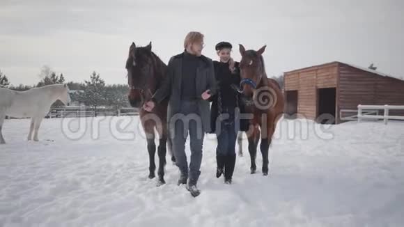 冬天一对夫妇带着马在乡间农场散步男人和女人牵马马和视频的预览图