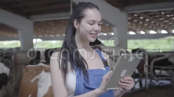 奶牛场年轻漂亮女工的肖像用她的平板电脑检查工作过程积极的农民视频的预览图