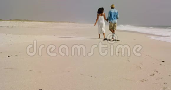 非裔美国人夫妇手牵手在海滩散步的后景视频的预览图