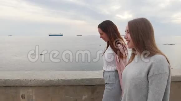 两个年轻女子在码头上散步视频的预览图