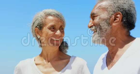 在阳光下站在海滩上的快乐活跃的非裔美国人夫妇的正面景色视频的预览图