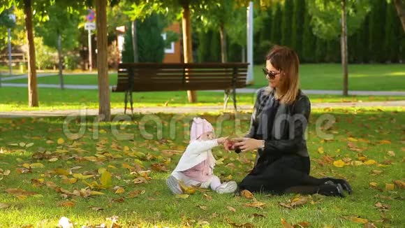 令人惊奇的一对夫妇和一个女儿坐在公园的草地上秋天的树叶是黄色的视频的预览图